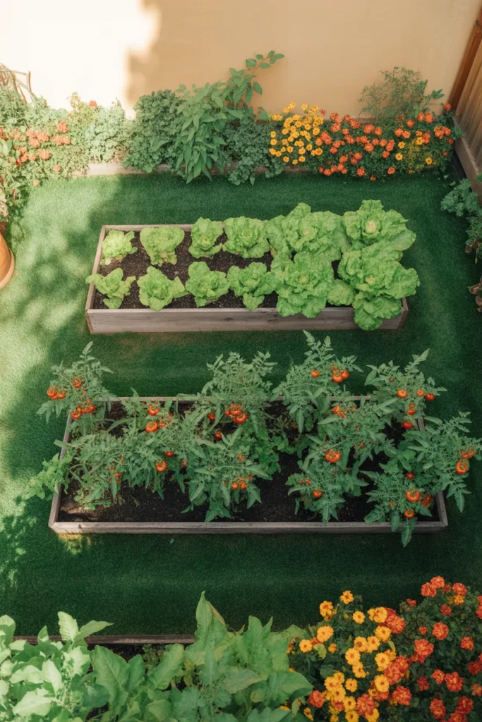 Beginner friendly wooden raised garden beds filled with vegetables and flowers in a sunny backyard