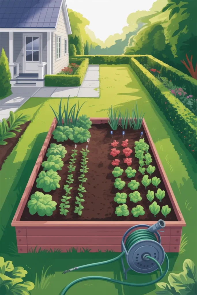Best sunny spot in a backyard for a beginner raised garden bed near a water source