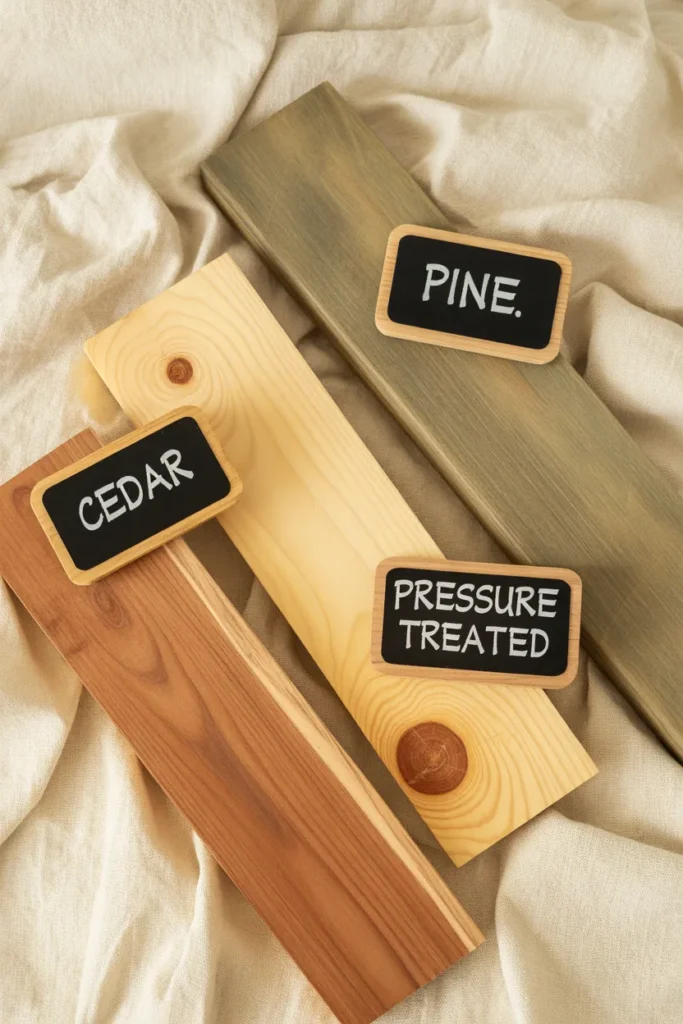 Best wood for DIY raised garden bed plans cedar pine pressure treated comparison flat lay.