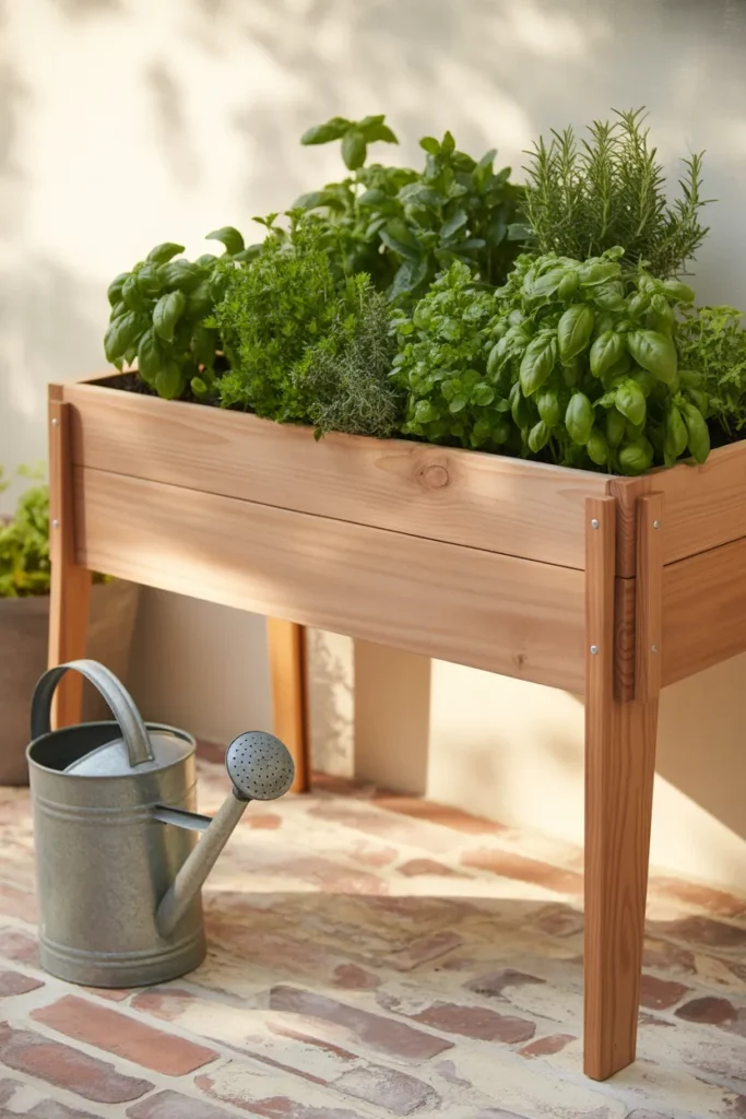 Cedar elevated raised garden bed with legs on a patio, planted with herbs and salad greens.