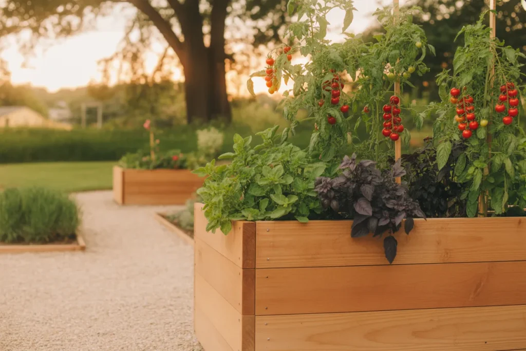 Cedar raised garden bed filled with the best vegetables for raised beds in a sunny backyard