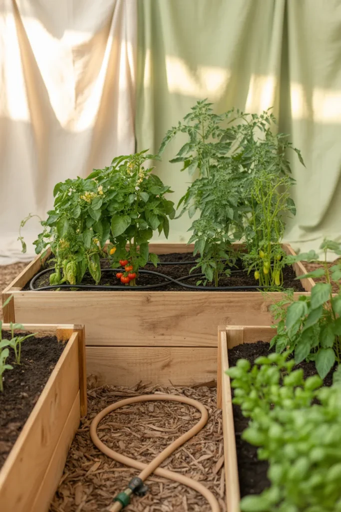 Cedar raised garden bed with drip irrigation and mulch showing proper small backyard garden setup.