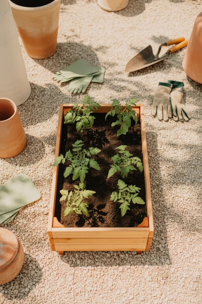 Cheap DIY raised garden bed made from cedar boards with tomato seedlings, gloves, and trowel in warm daylight.