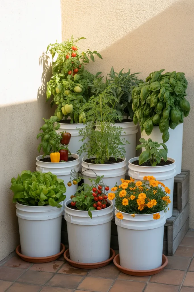 Cluster of six 5-gallon bucket gardens on a patio, planted with tomato, basil, peppers and lettuce.