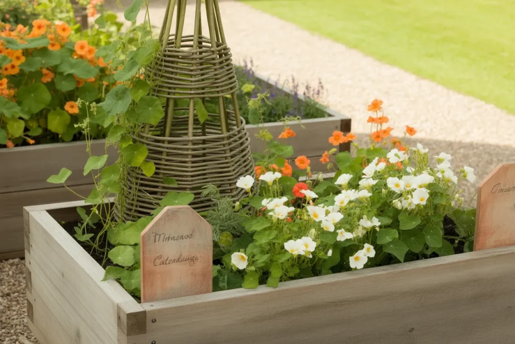 Cottagecore styled raised bed garden with climbing beans and edible flowers