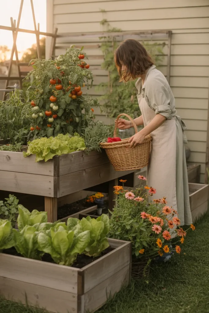 Cozy raised bed kitchen garden at golden hour with abundant tomatoes and herbs