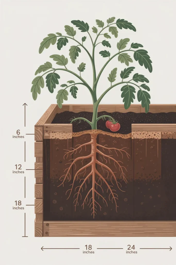 Cross-section of a raised garden bed showing how deep tomato roots grow