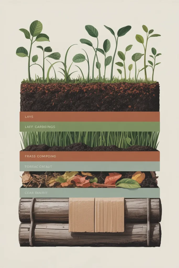 Cross-section of cheap raised garden bed fill with cardboard, logs, leaves, compost, and topsoil layers.