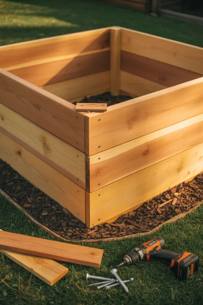 DIY 2x6 cedar raised garden bed freshly built on grass with drill and deck screws beside it.