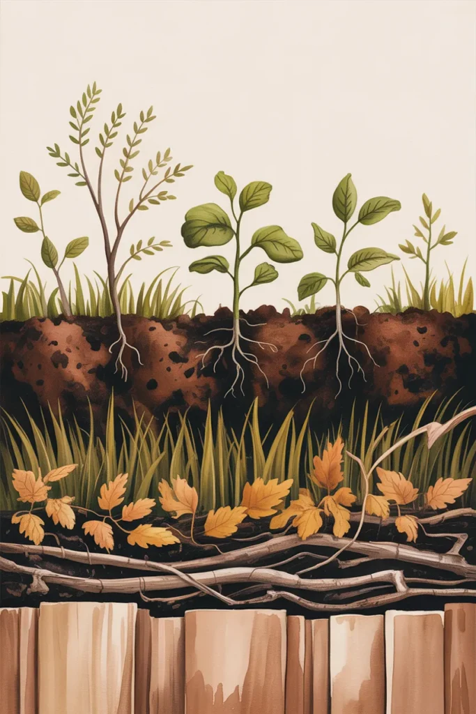 DIY raised garden bed lasagna fill method cross-section showing cardboard twigs leaves compost soil layers.