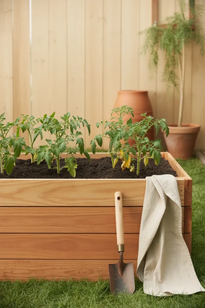 DIY raised garden bed plans 4x8 cedar build with terracotta pots and tomato seedlings.