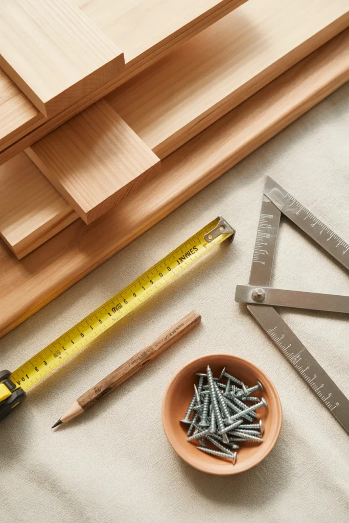 DIY raised garden bed plans flat lay with cedar boards measuring tape and galvanized deck screws.