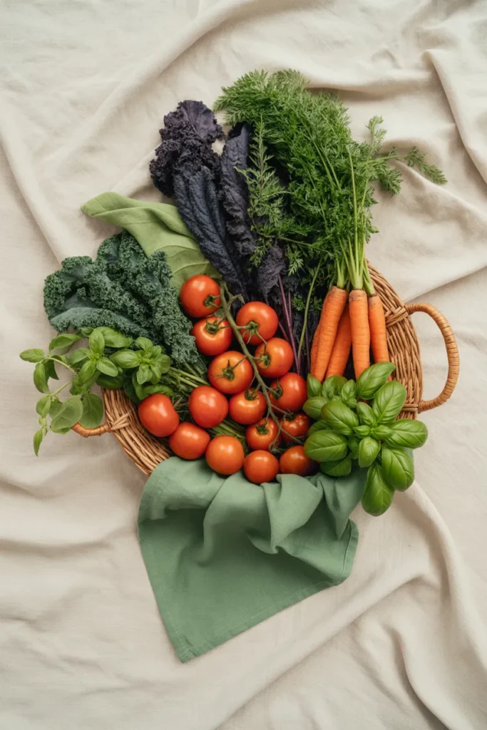 Flat lay harvest of tomatoes, carrots, kale, and herbs from a raised garden bed