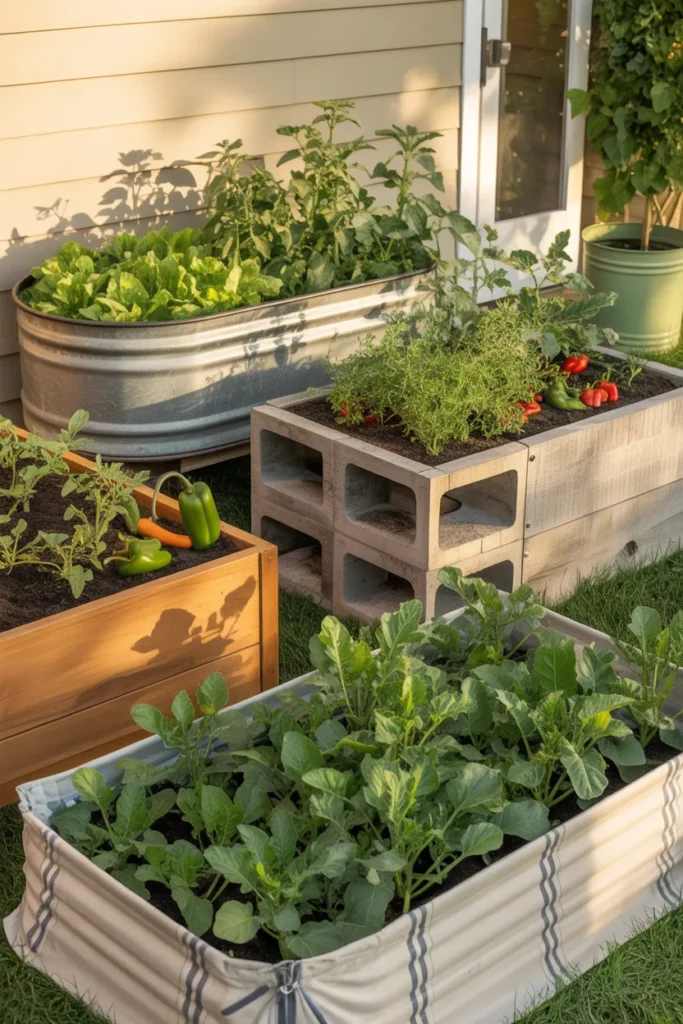 Four cheap raised garden bed styles side by side including galvanized, cinder block, cedar, and fabric grow bag.