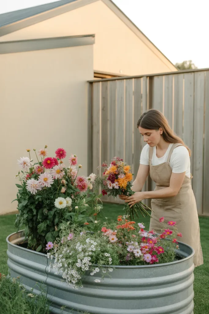 Galvanized 4x8 raised garden bed filled with dahlias, zinnias, and snapdragons in a small modern farmhouse backyard.