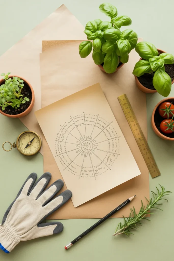Hand-drawn raised garden bed layout sun map with compass, gloves, and seedling pots on cream surface.