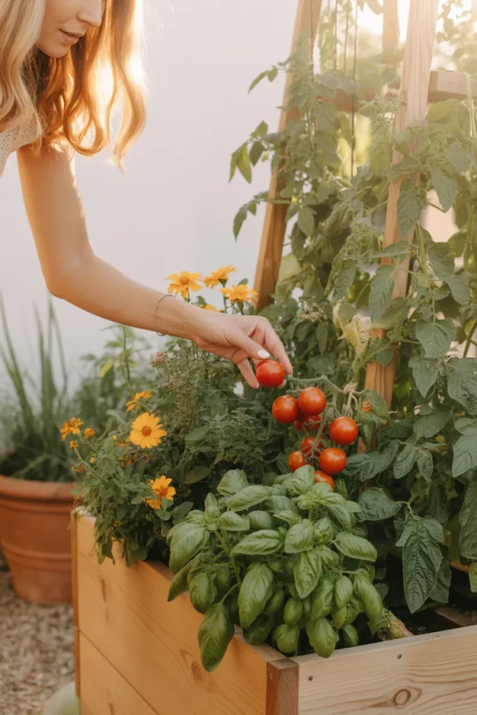 Hand harvesting ripe tomato from a thriving cedar raised garden bed with basil, marigolds, and beans.