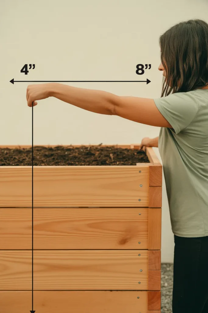 Ideal raised garden bed size and height for beginners with labeled measurements
