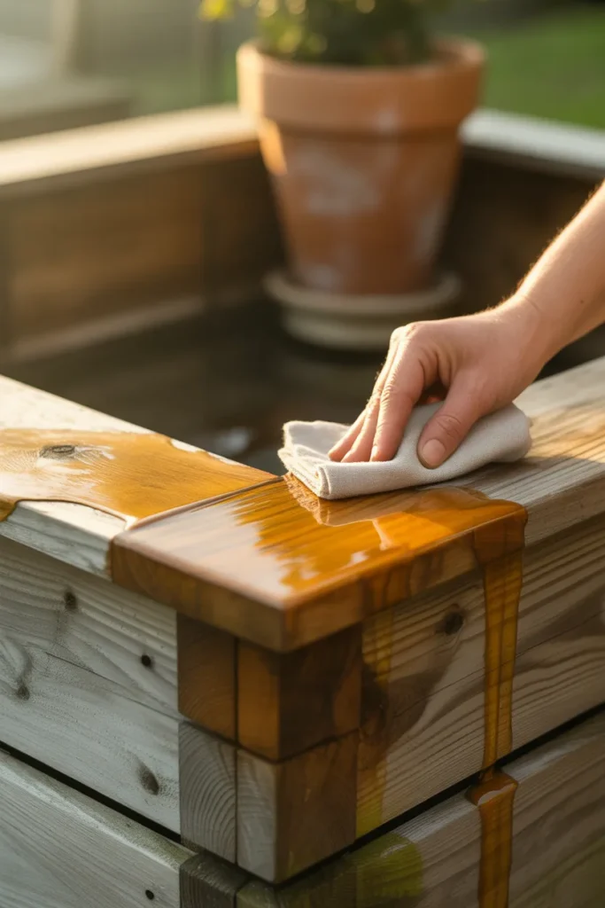 Maintaining a DIY raised garden bed by oiling cedar corners with linseed oil for longevity.