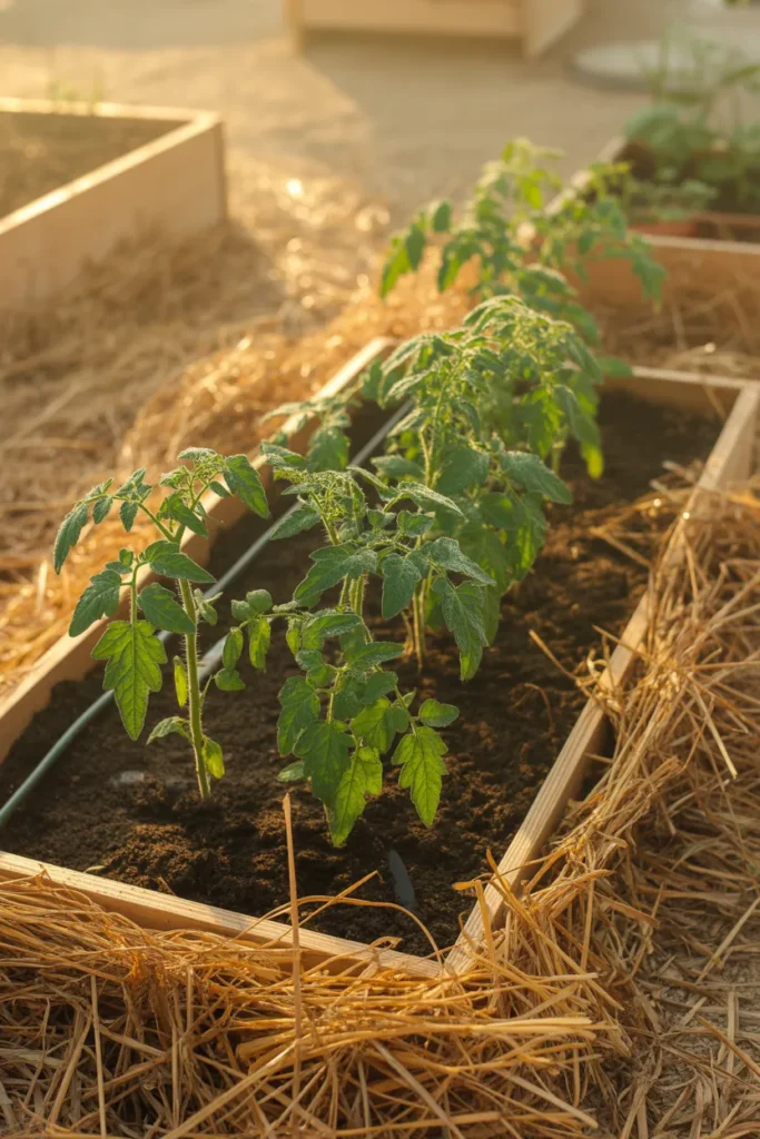 Mulched raised garden bed with drip irrigation for easy beginner maintenance