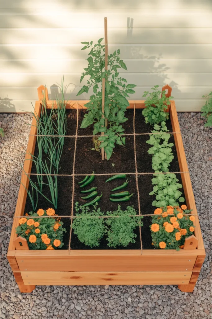 Overhead view of a 4x4 cedar raised garden bed with salsa garden layout including tomato, peppers, onions, and cilantro.