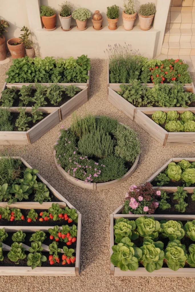 Overhead view of cottagecore potager raised garden bed layout with four trapezoidal beds and central herb spiral.