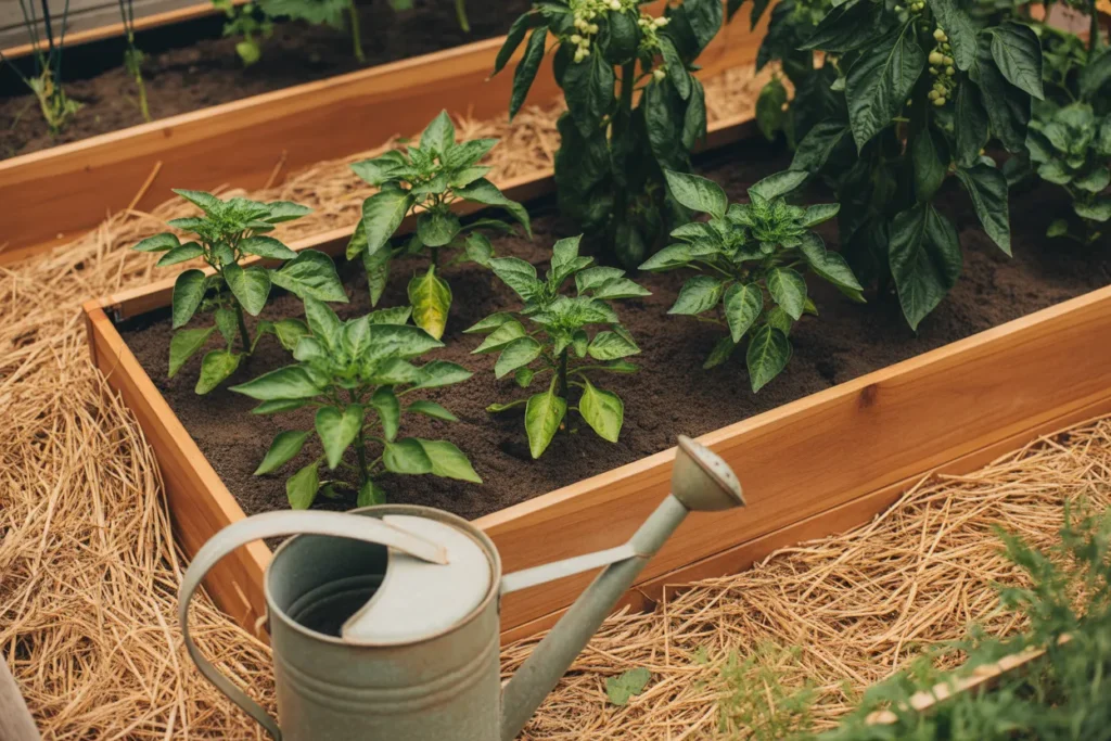 Raised bed garden with straw mulch between vegetable plants