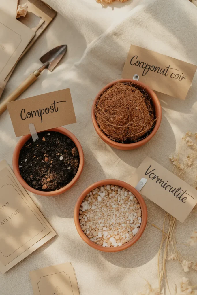Raised bed soil mix ingredients in three bowls with labels