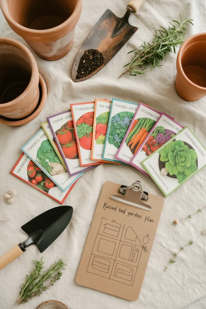 Raised bed vegetable garden planning flat lay with seed packets and layout