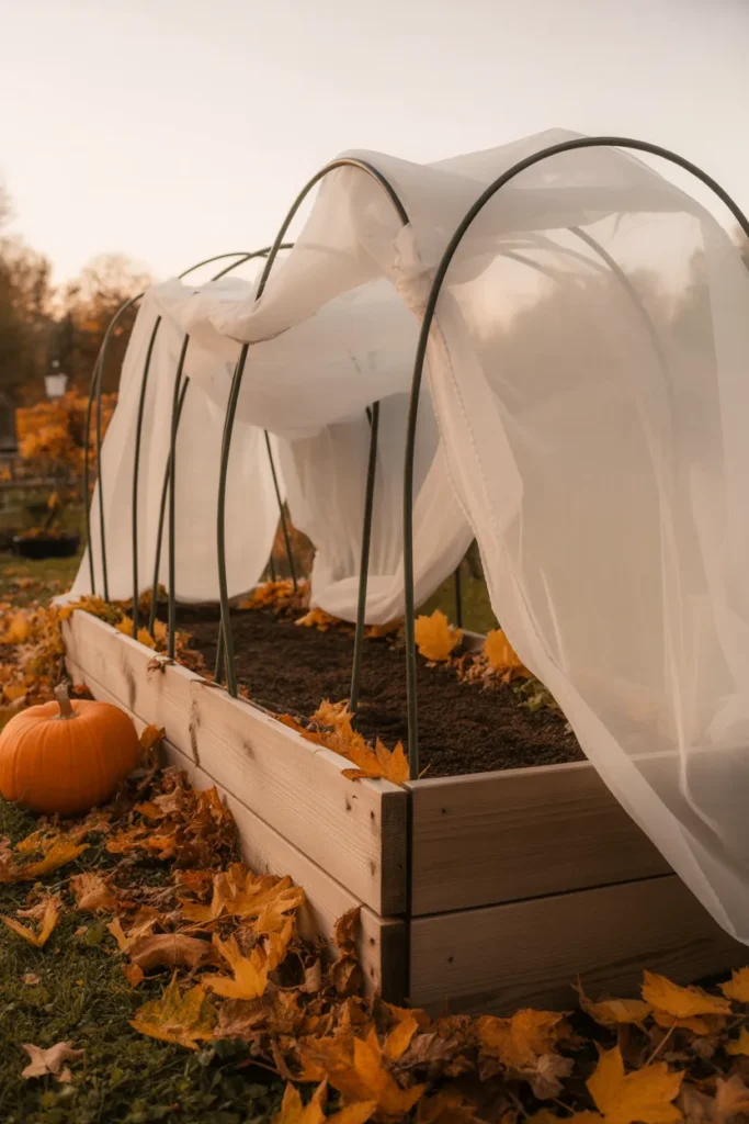 Raised garden bed with hoop cover for season extension in fall for beginners