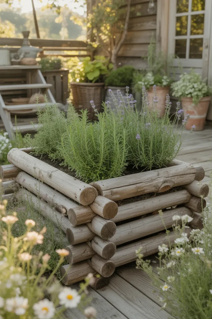 Rustic stacked log raised garden bed planted with lavender and herbs in a cottagecore backyard.