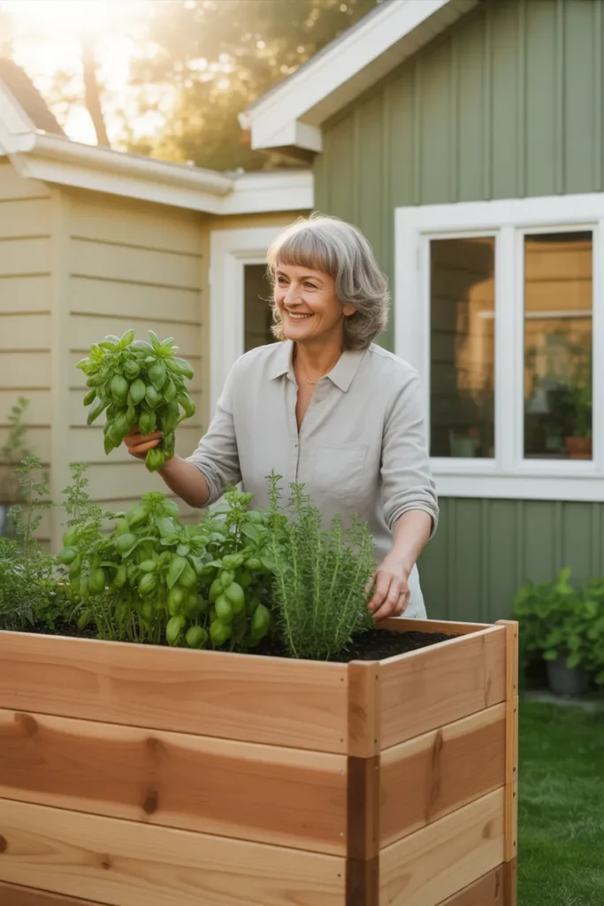 Senior gardener using a 32-inch tall raised bed designed for no bending