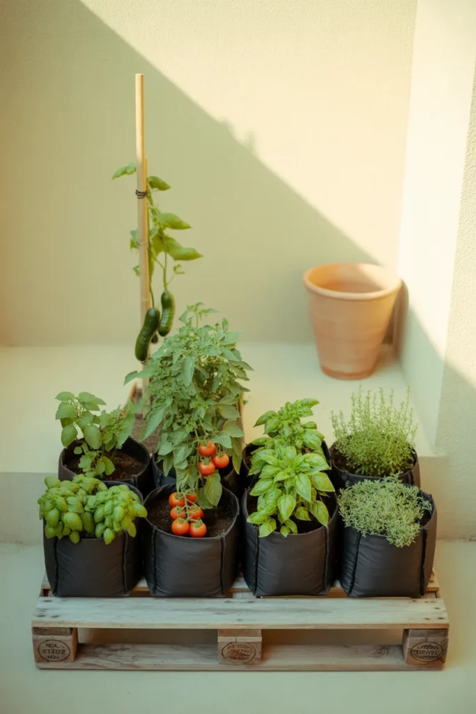 Six fabric grow bags arranged in a grid on a small patio with tomatoes, peppers, and herbs for a renter-friendly garden.