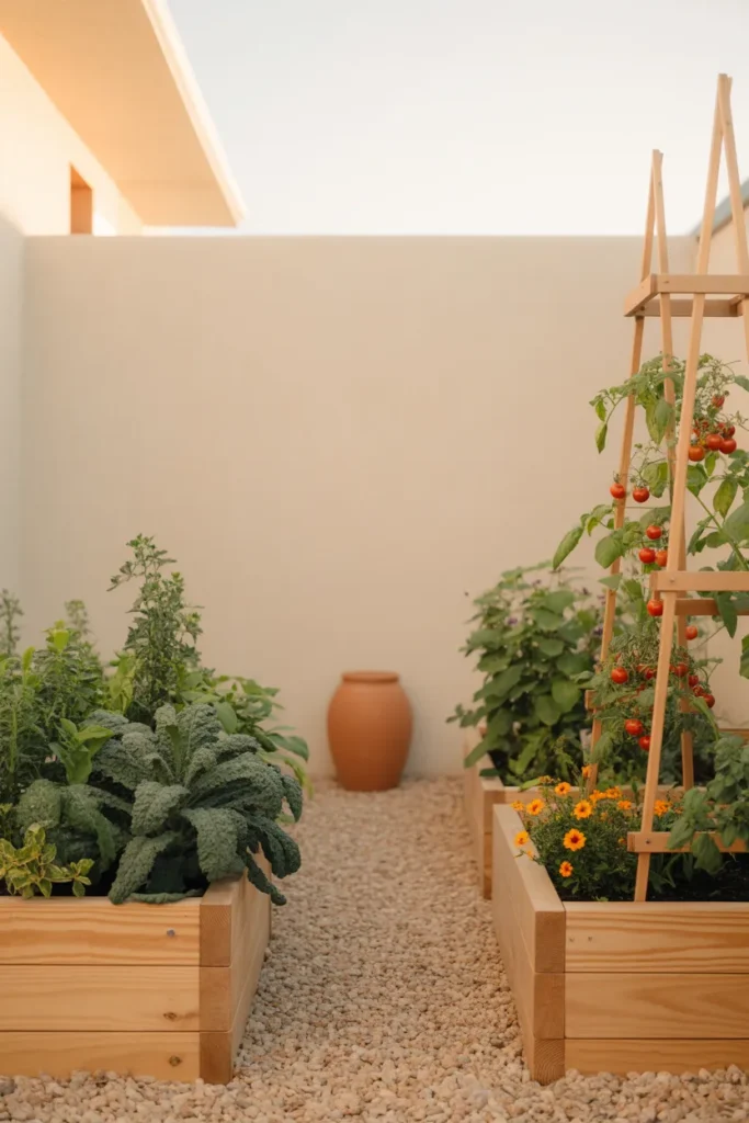 Small backyard with two cedar raised garden beds filled with vegetables and herbs in golden hour light.