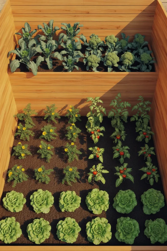 Square foot garden layout in a 4 by 8 raised bed with mixed vegetables