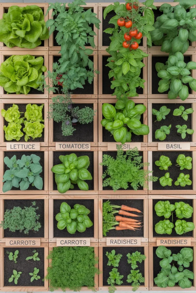 Square foot gardening layout for a beginner raised bed garden with vegetables