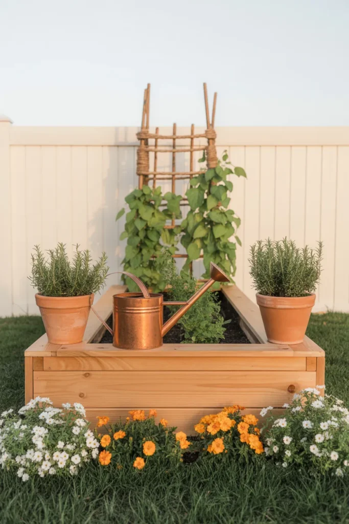 Styled DIY raised garden bed with terracotta pots copper watering can and jute trellis.