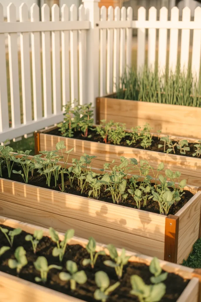 Three cedar raised garden beds at different depths in a backyard with morning light