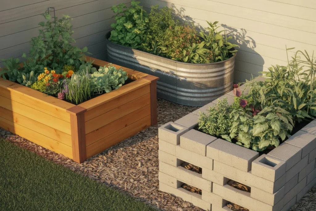 Three cheap raised garden beds in a backyard including cedar, galvanized tub, and cinder block styles.