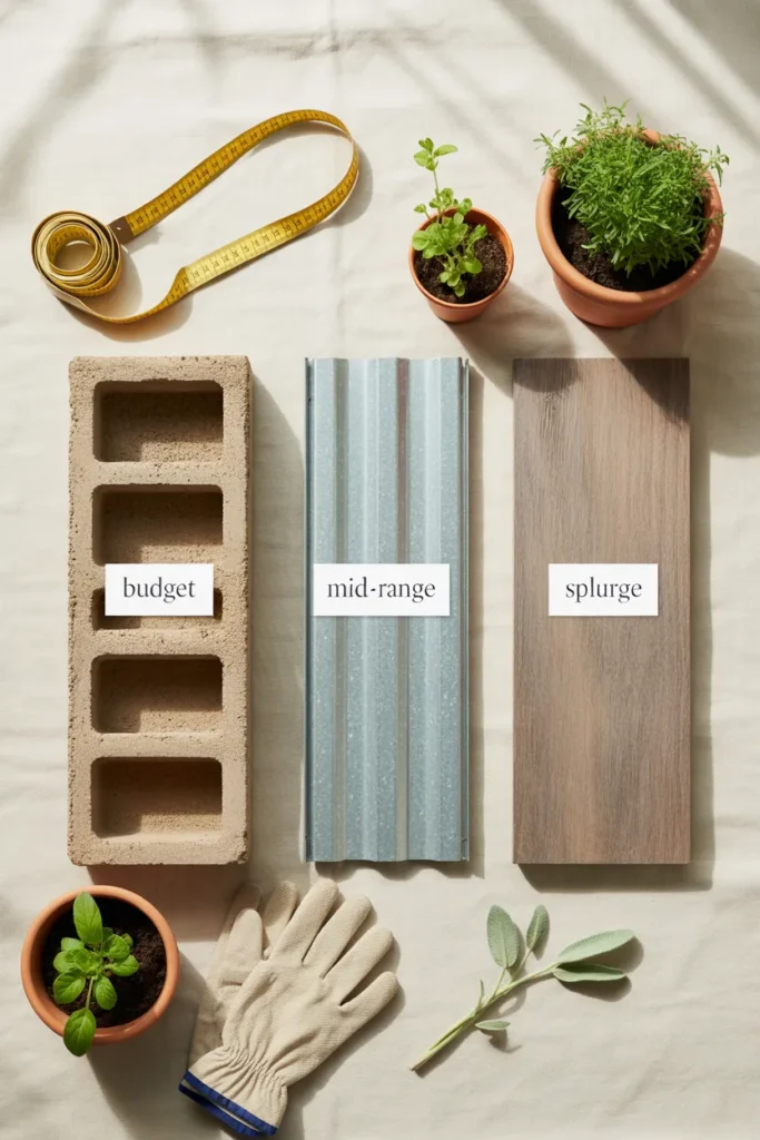 Three raised garden bed material samples on cream linen showing budget cinder block, mid-range galvanized, and splurge cedar.