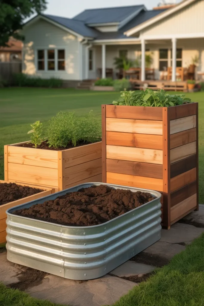 Three raised garden beds at budget, mid-range, and splurge price tiers side by side