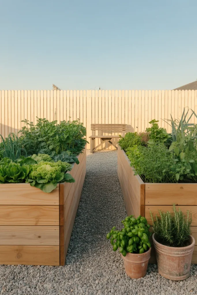 Two parallel cedar raised garden beds with wide gravel path in a small modern farmhouse backyard.