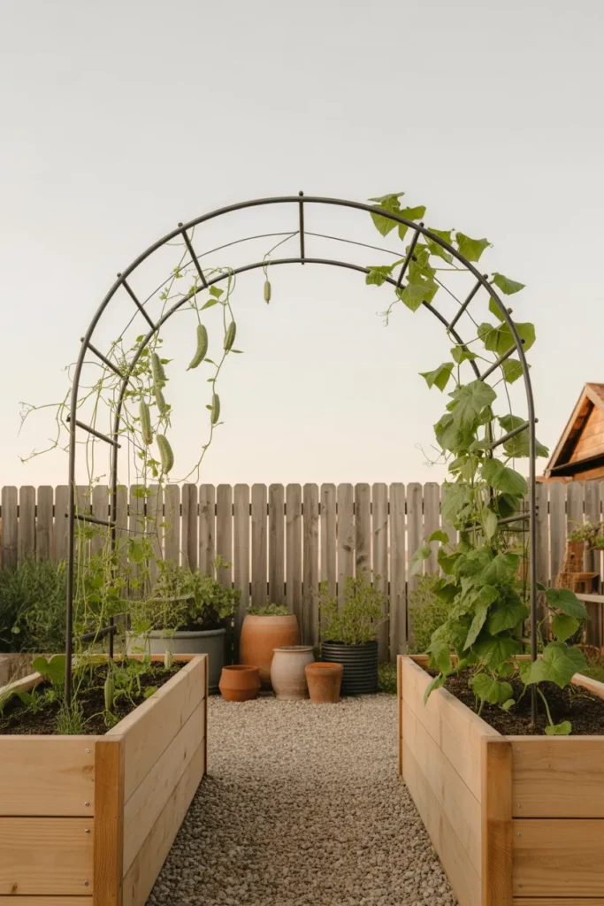 Two raised garden beds connected by a cattle panel arch trellis with climbing cucumbers and beans in a small backyard.