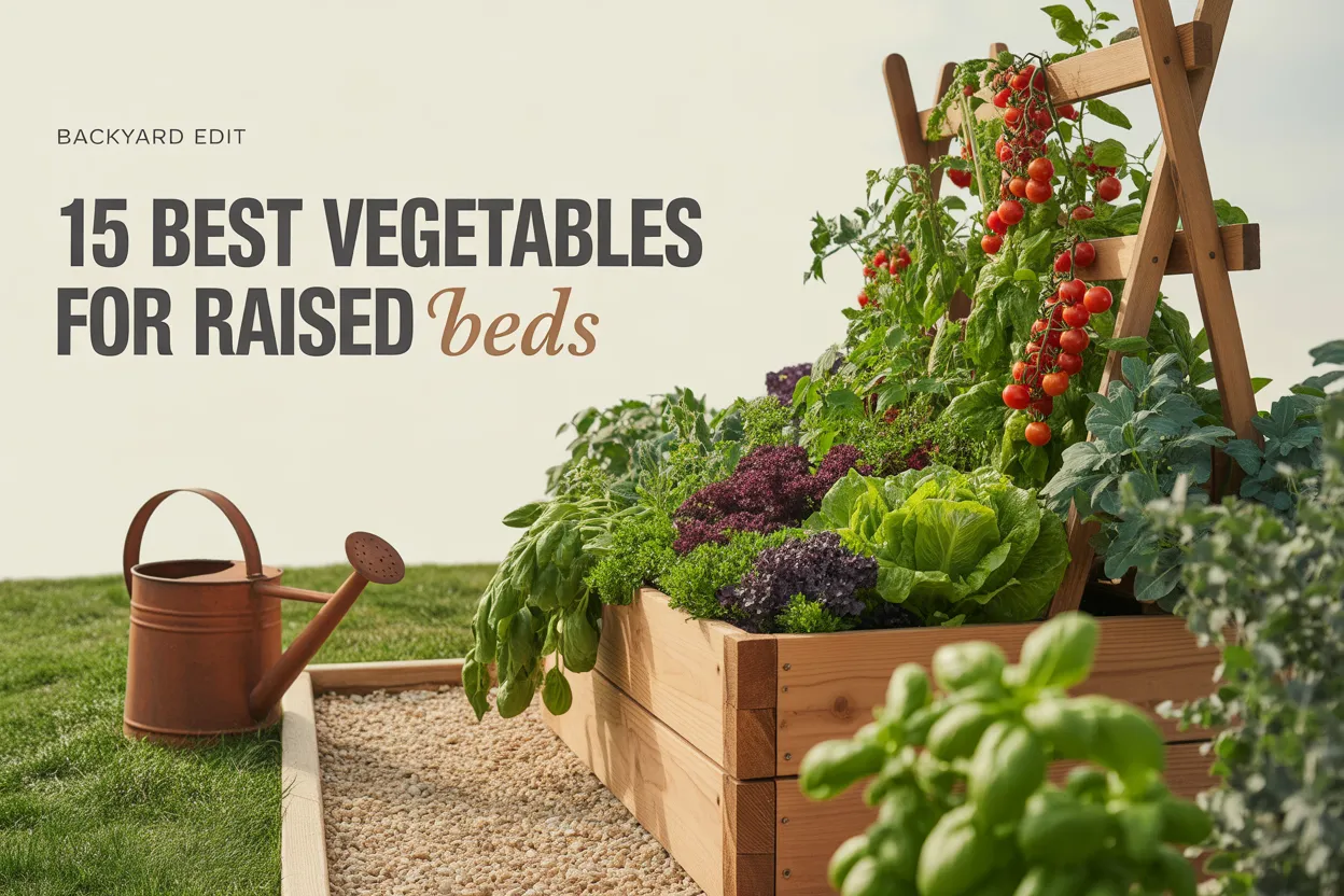 15 best vegetables for raised beds Pinterest pin showing cedar garden bed at golden hour