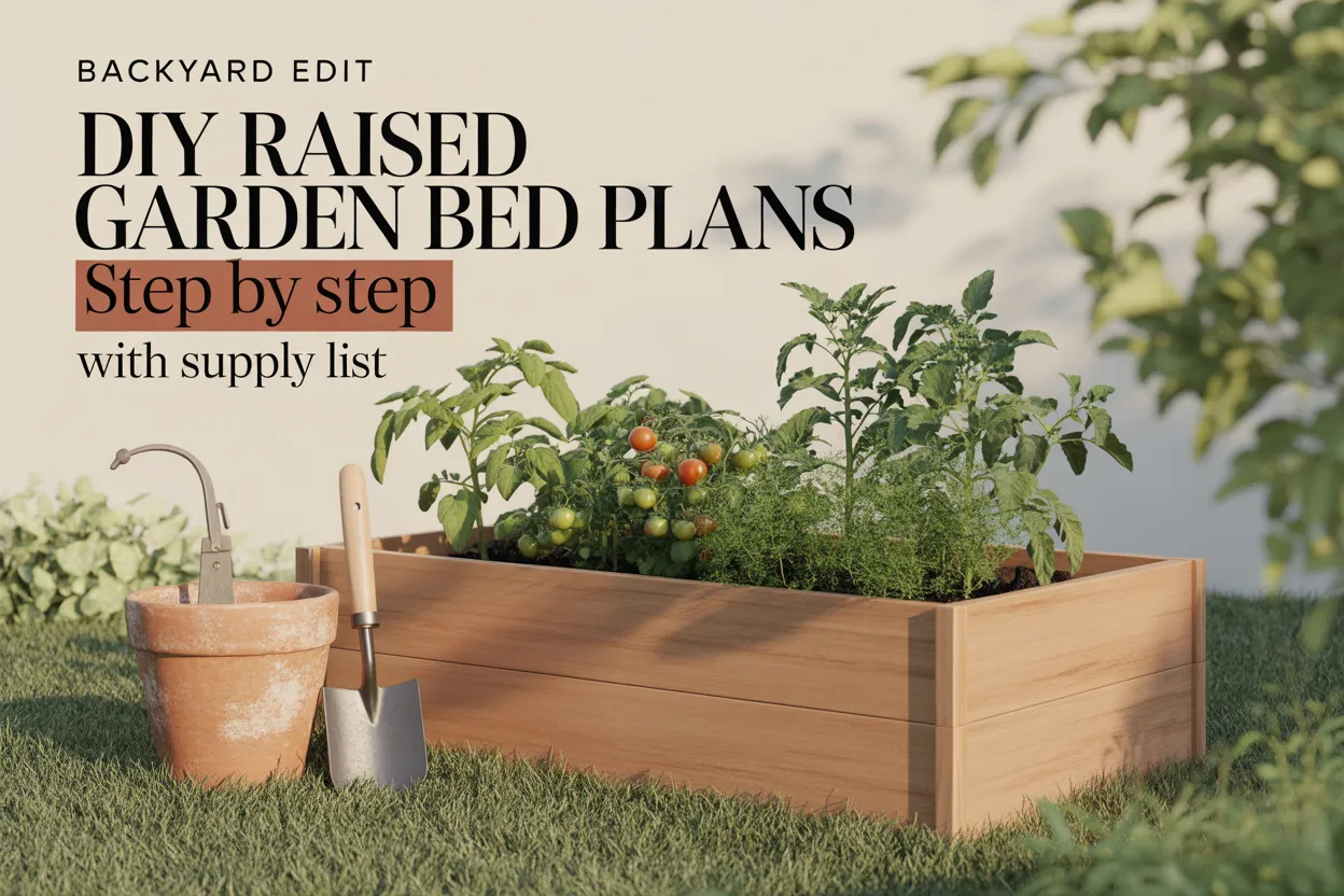 DIY raised garden bed plans Pinterest cover with cedar 4x8 bed tomato seedlings and supply list overlay.
