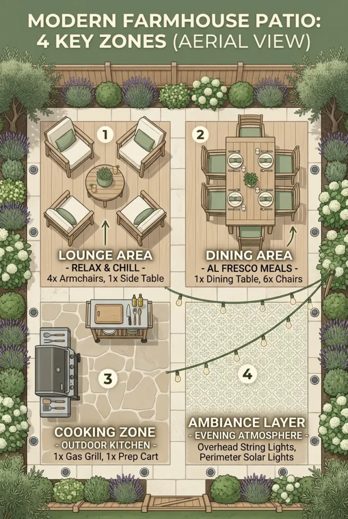 4 zone backyard patio layout framework diagram for budget DIY design