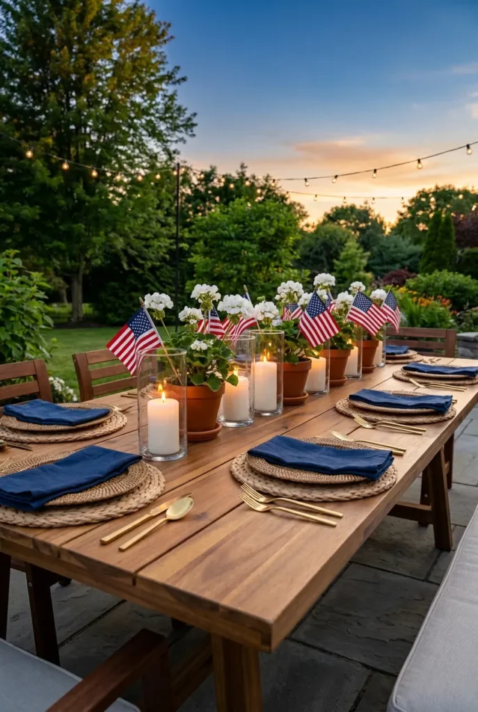 4th of July outdoor tablescape ideas with white geraniums