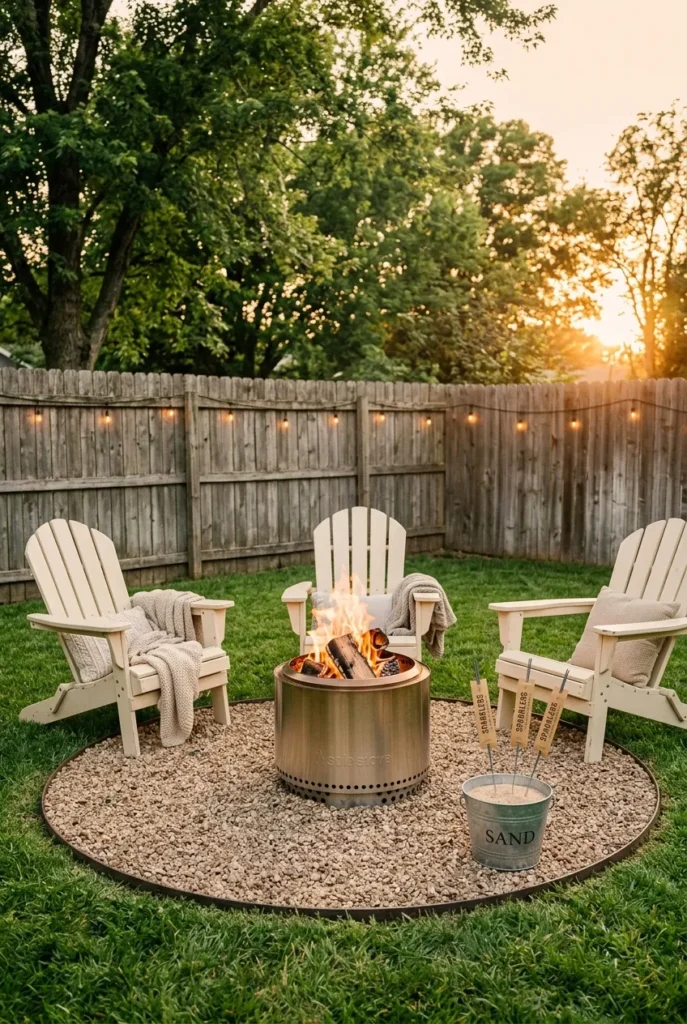 4th of July backyard fire pit safety setup with pea gravel pad and sparkler sand bucket.