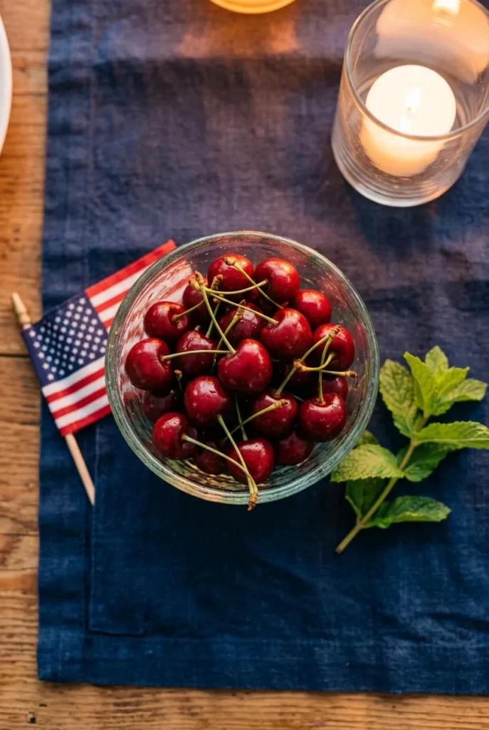 Bowl of fresh cherries on navy runner for a 4th of July backyard party aesthetic.
