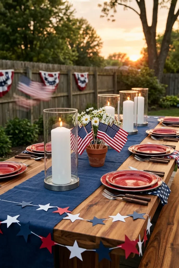 Red white and blue 4th of July backyard table decor with linen runner and pillar candles.